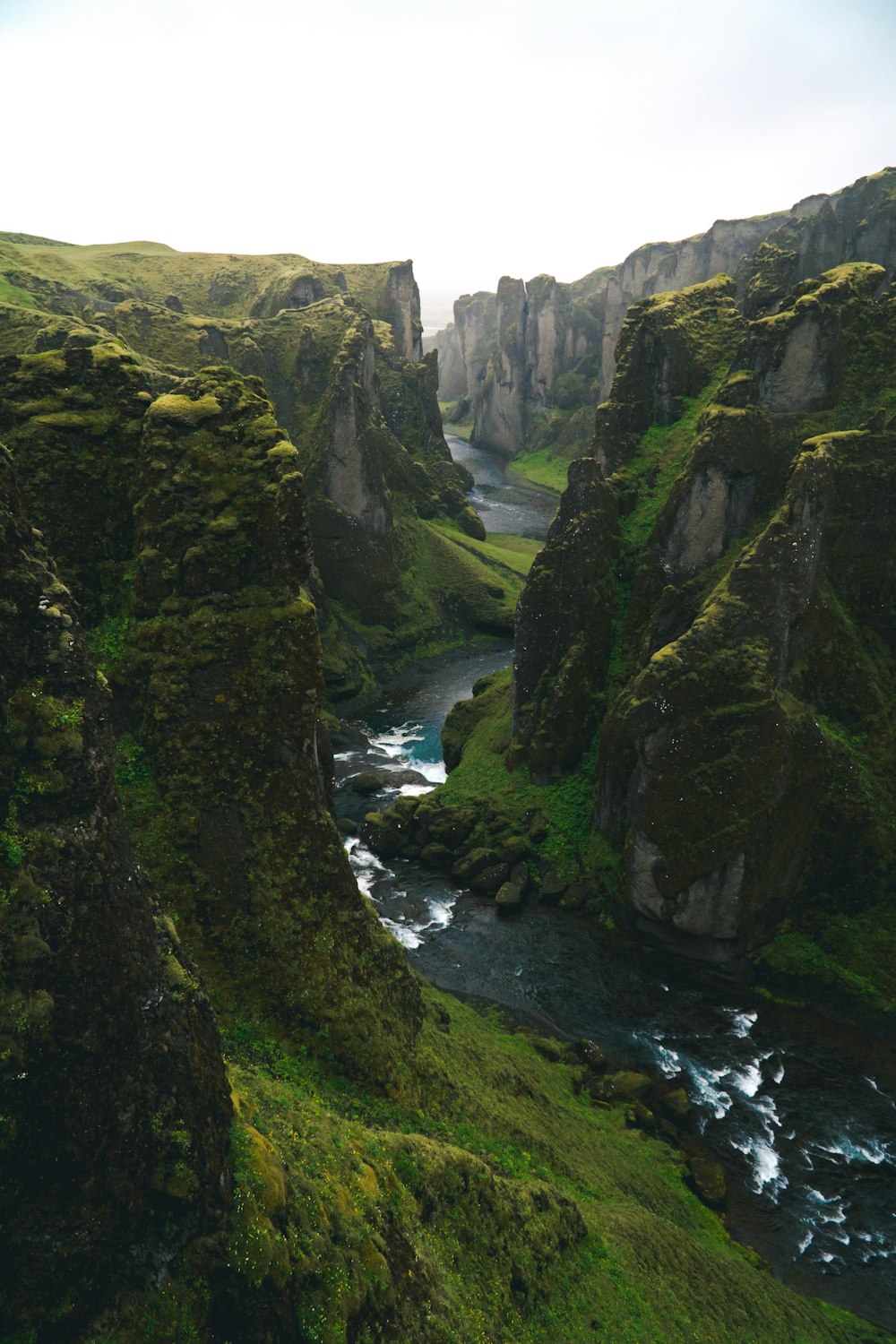 Cañón verde de paredes musgosas en Islandia
